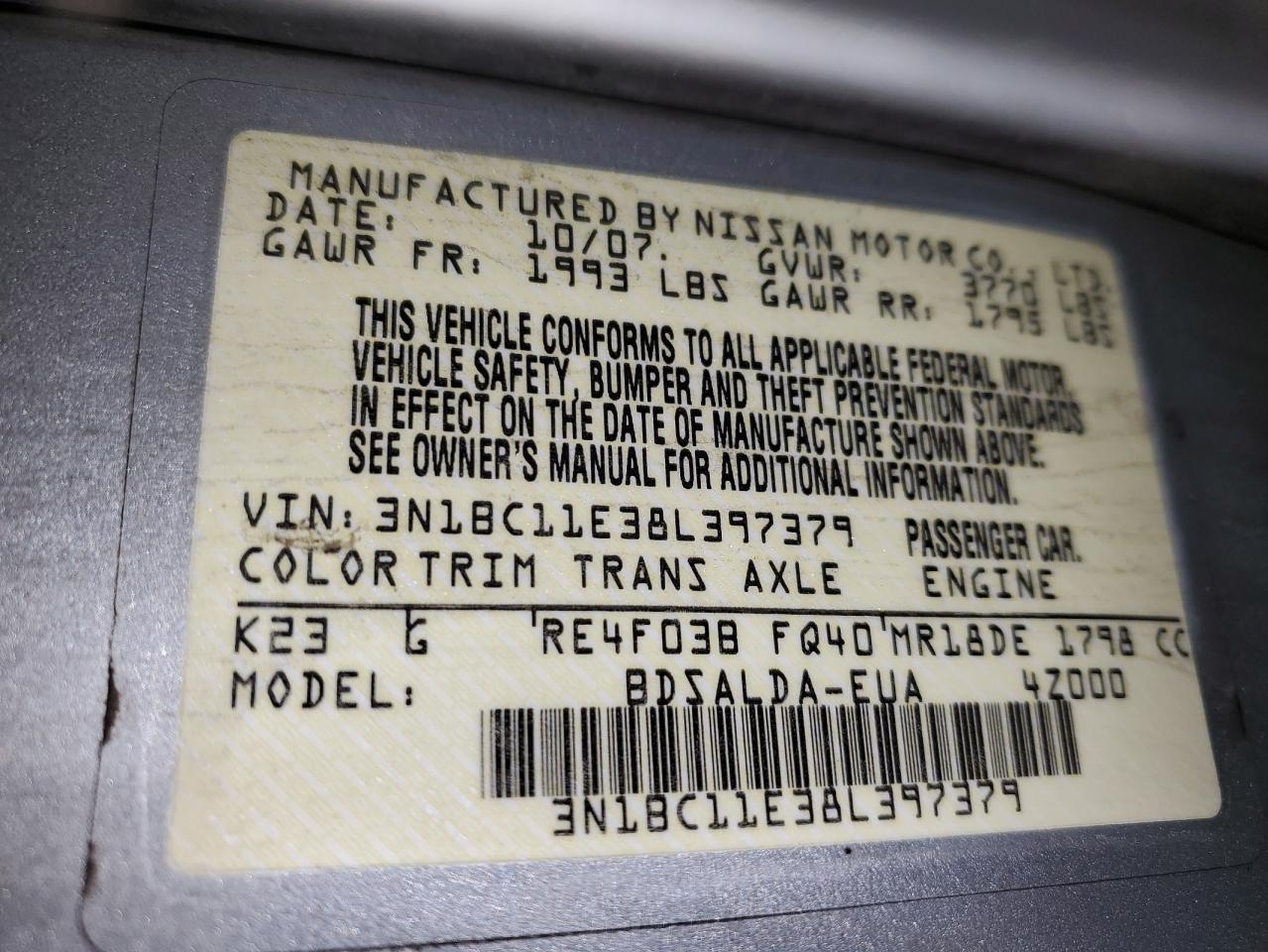 3N1BC11E38L397379 2008 Nissan Versa S