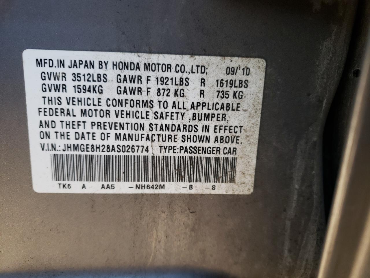 JHMGE8H28AS026774 2010 Honda Fit