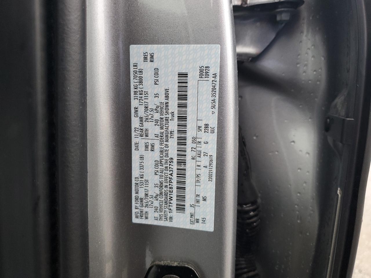 VIN: 1FTFW1E87PFA37759 2023 FORD F-150