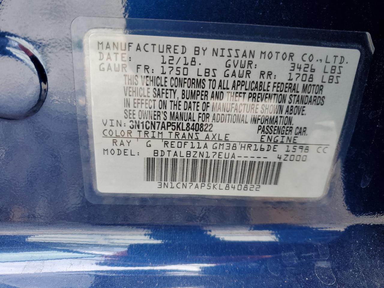 3N1CN7AP5KL840822 2019 Nissan Versa S