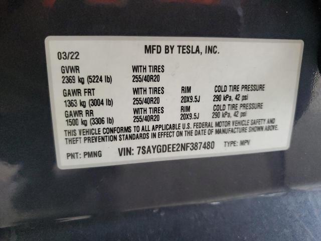 7SAYGDEE2NF387480 | 2022 TESLA MODEL Y