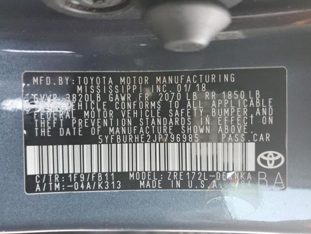 5YFBURHE2JP796985 | 2018 TOYOTA COROLLA L