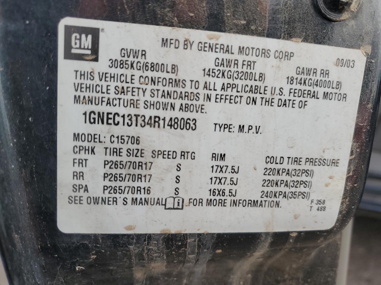 1GNEC13T34R148063 2004 Chevrolet Tahoe C1500