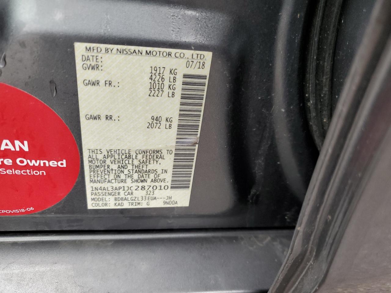 VIN: 1N4AL3AP1JC287010 2018 NISSAN ALTIMA