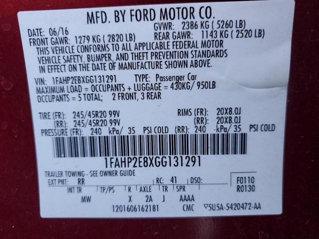 1FAHP2E8XGG131291 | 2016 FORD TAURUS SEL