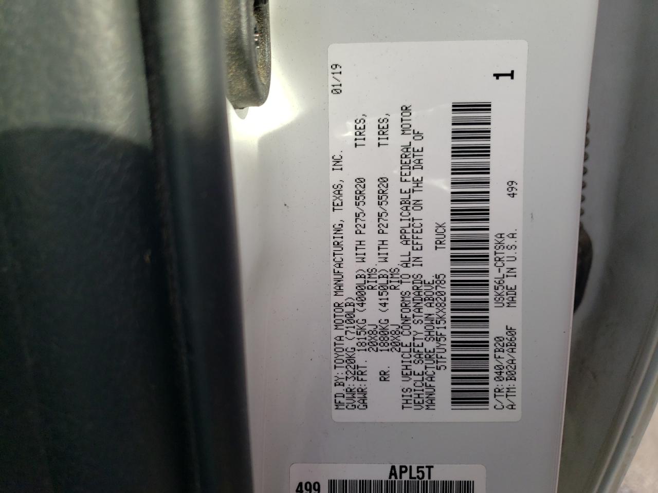 VIN: 5TFUY5F15KX820785 2019 TOYOTA TUNDRA