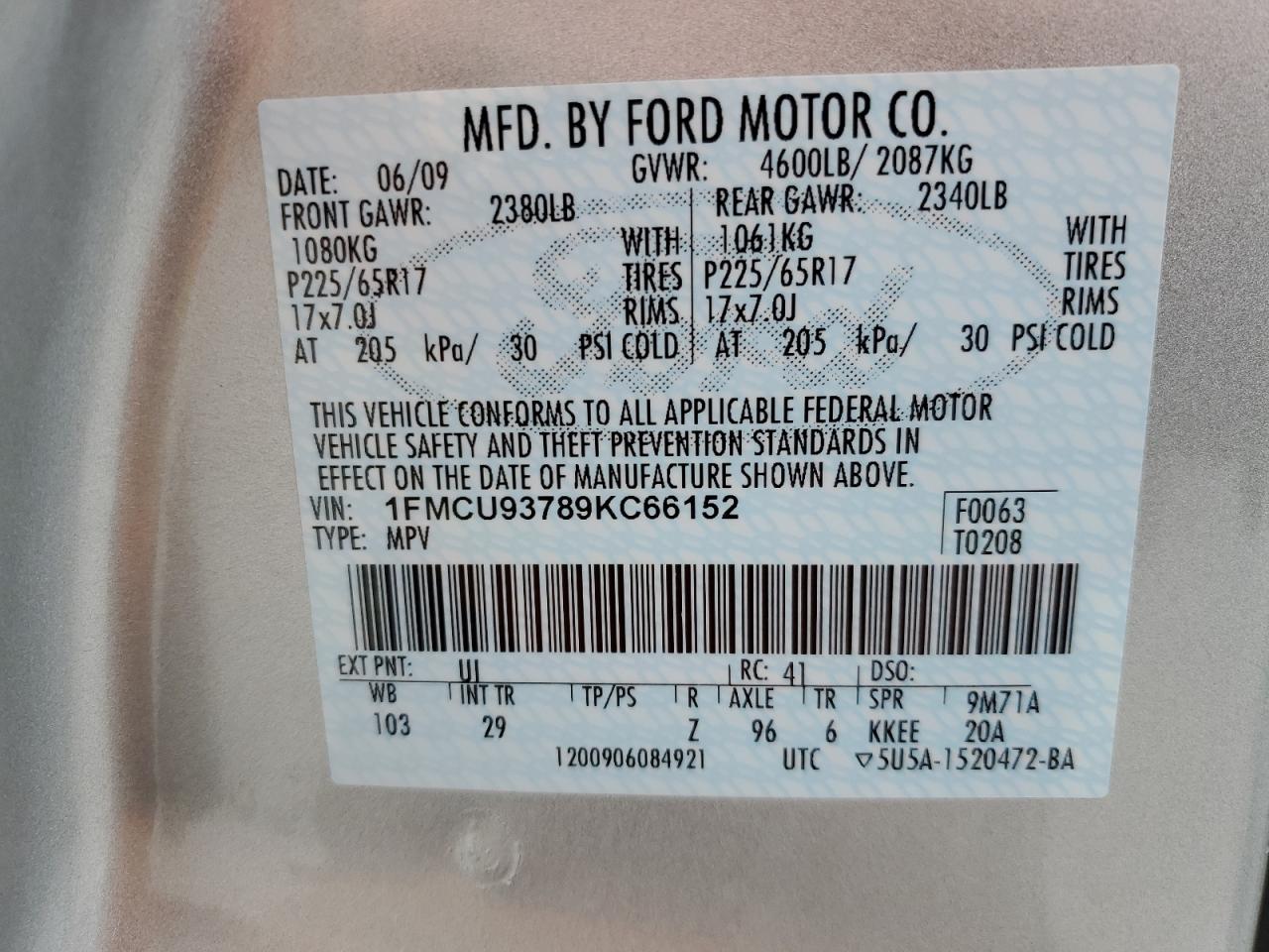 1FMCU93789KC66152 2009 Ford Escape Xlt