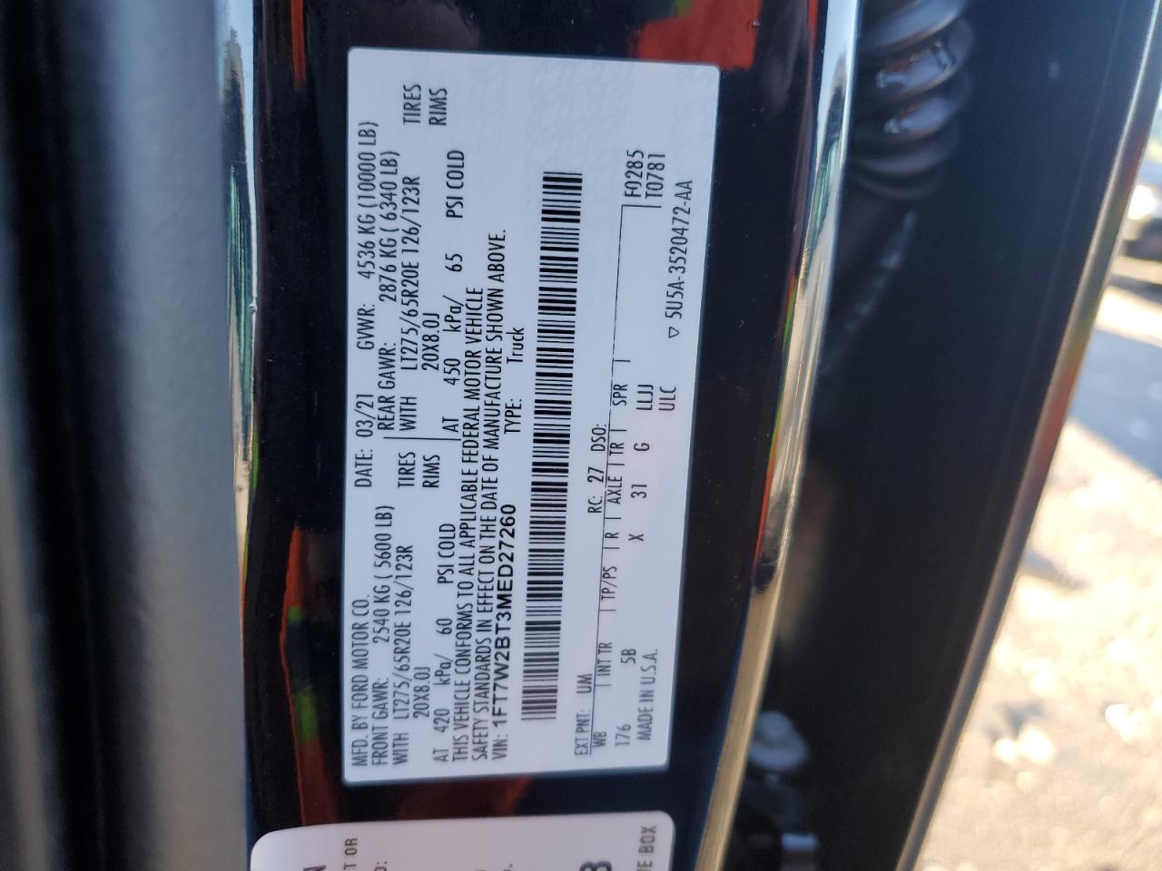 VIN: 1FT7W2BT3MED27260 2021 FORD F250