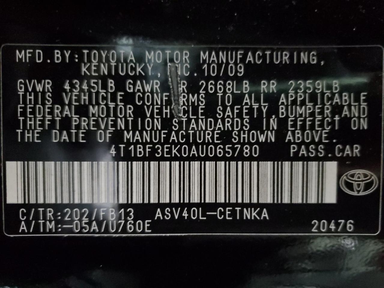 4T1BF3EK0AU065780 2010 Toyota Camry Base