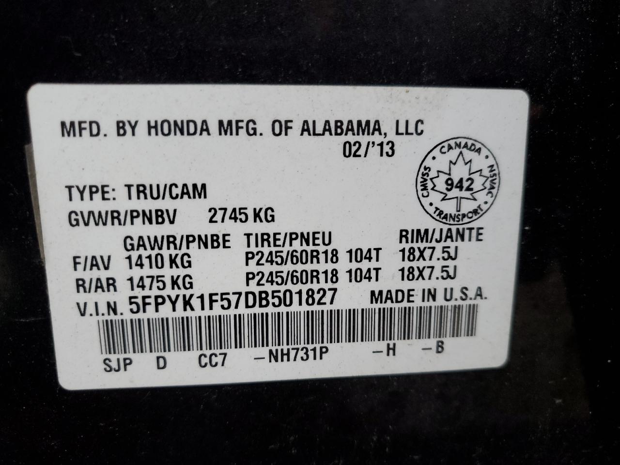 5FPYK1F57DB501827 2013 Honda Ridgeline Rtl