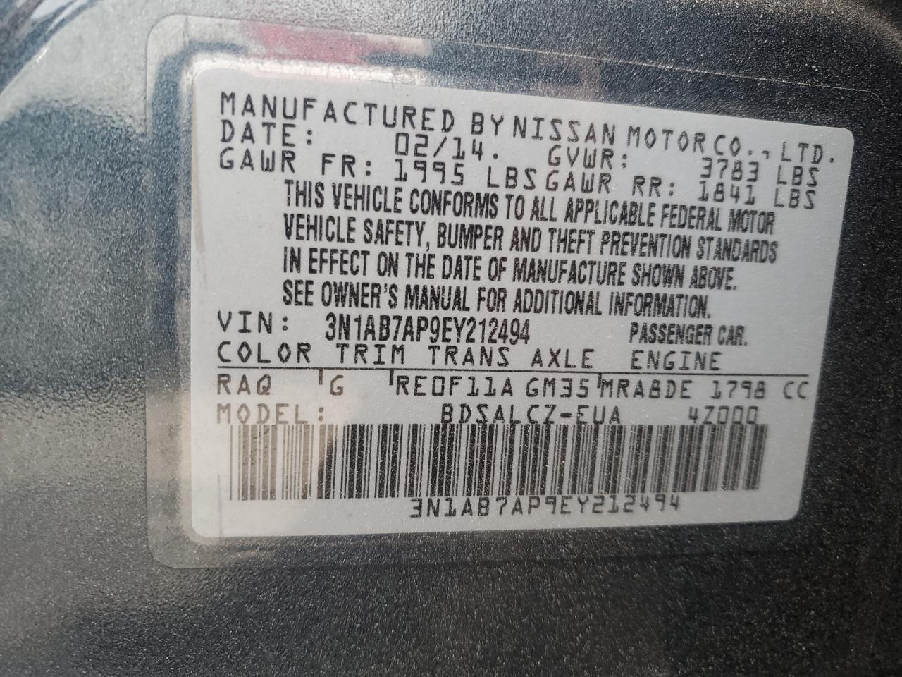 2014 Nissan Sentra S vin: 3N1AB7AP9EY212494