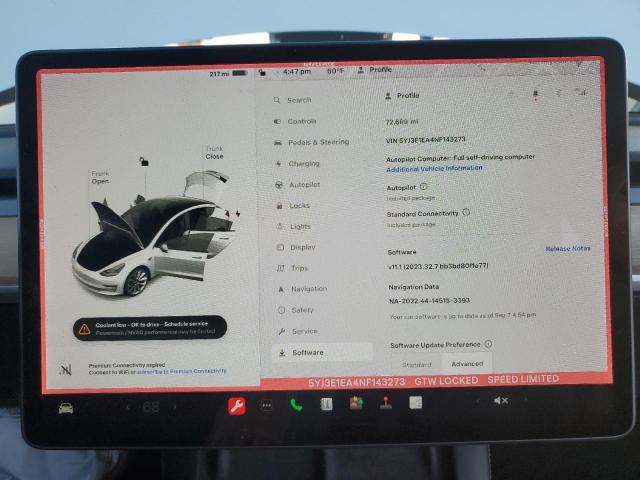 5YJ3E1EA4NF143273 | 2022 TESLA MODEL 3