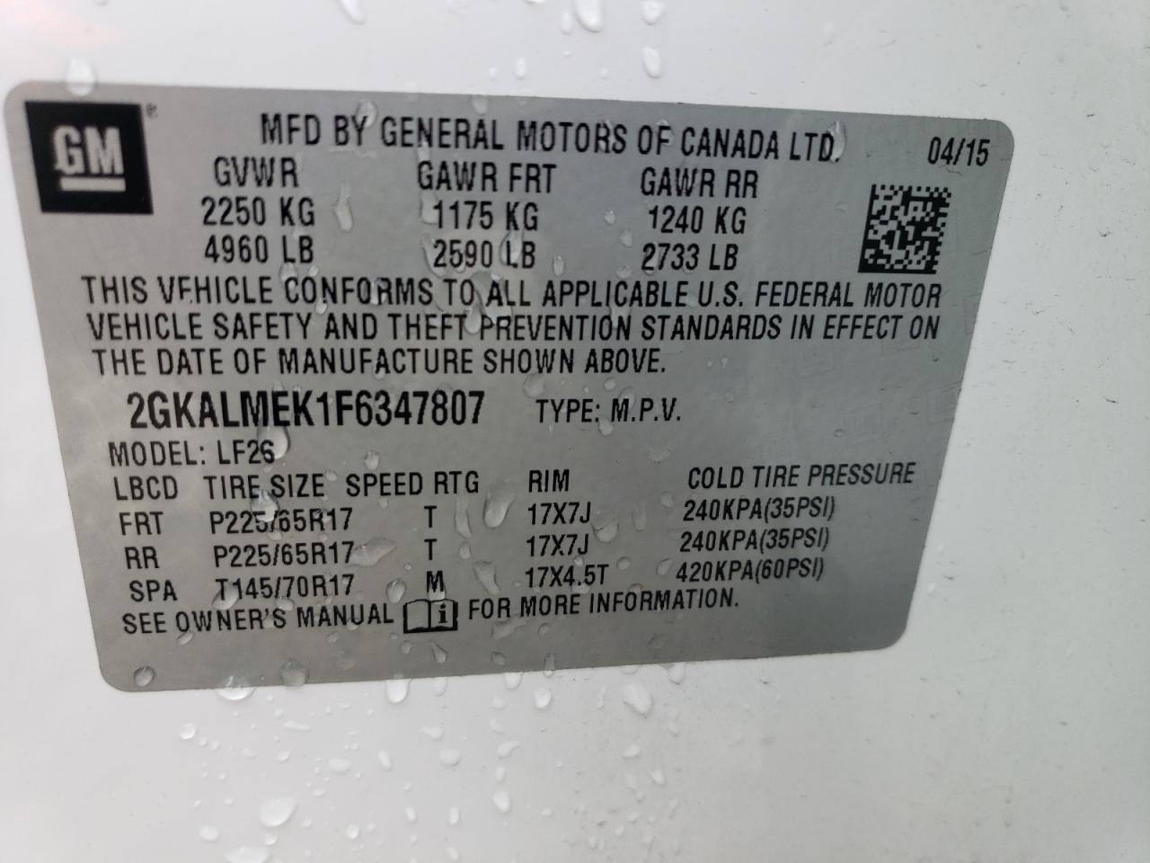 2GKALMEK1F6347807 2015 GMC Terrain Sle