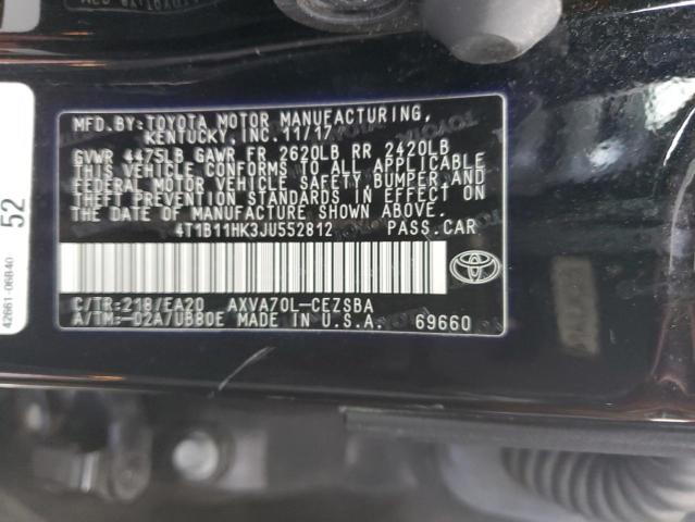 4T1B11HK3JU552812 | 2018 TOYOTA CAMRY L