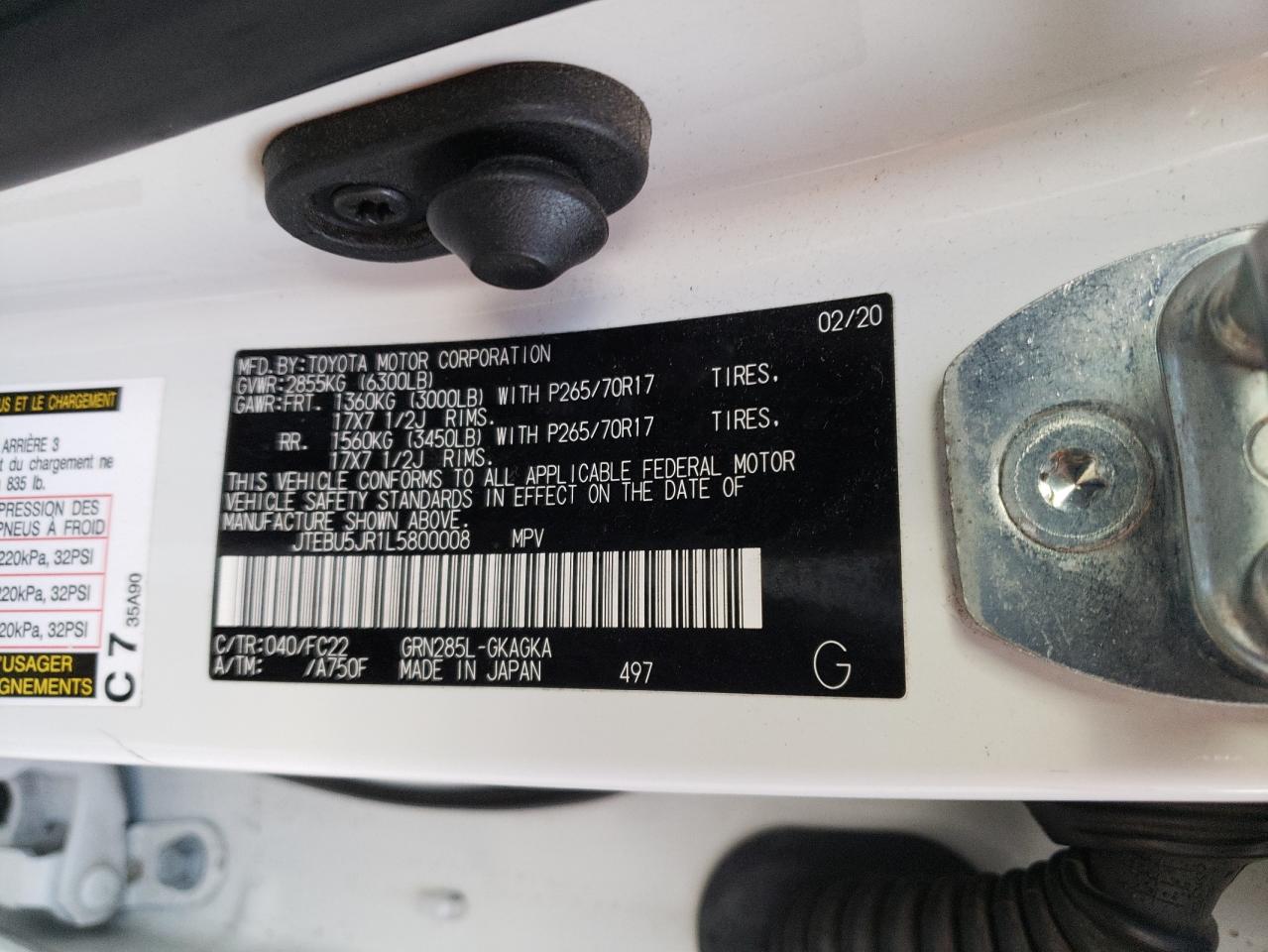 VIN: JTEBU5JR1L5800008 2020 TOYOTA 4RUNNER