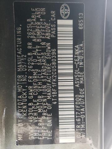 2012 Toyota Camry Base VIN: 4T1BF1FK2CU580396 Lot: 39264554