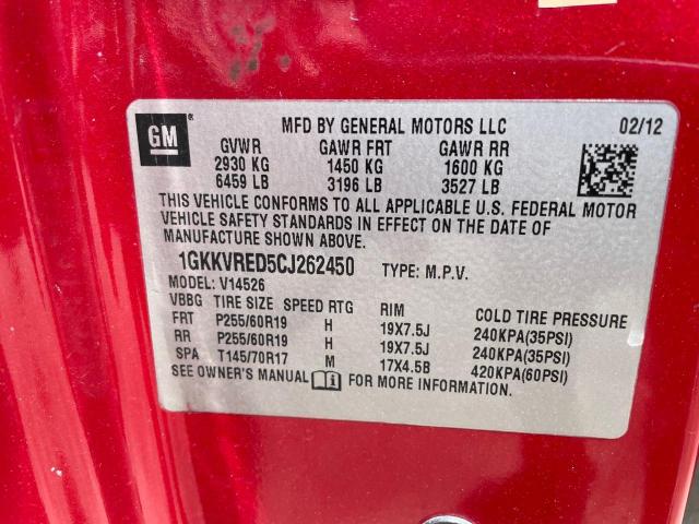 1GKKVRED5CJ262450 | 2012 GM c acadia slt-1