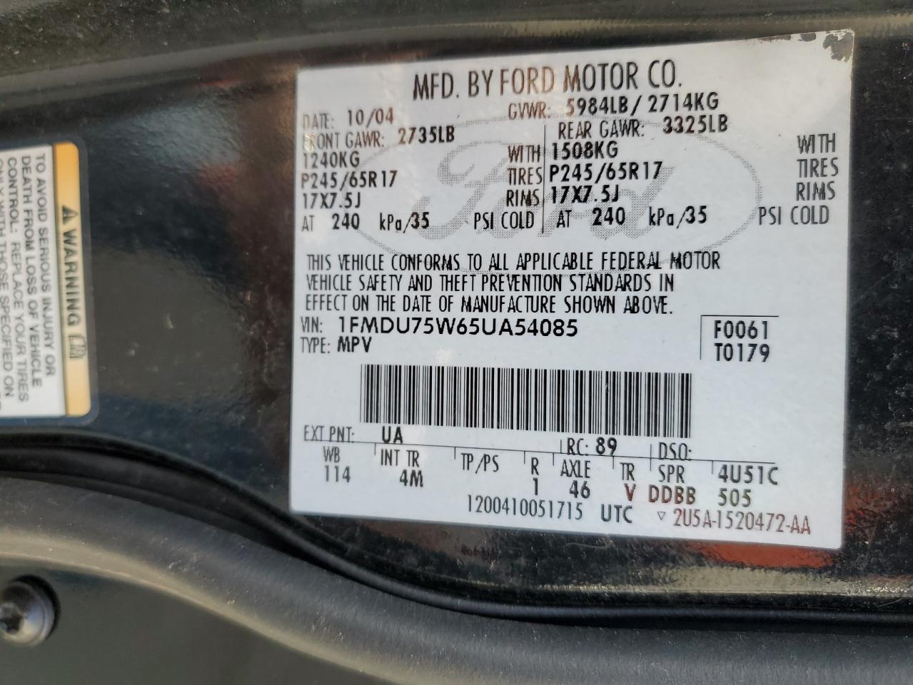 1FMDU75W65UA54085 2005 Ford Explorer Limited