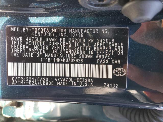 4T1B11HK4KU702928 | 2019 TOYOTA CAMRY L