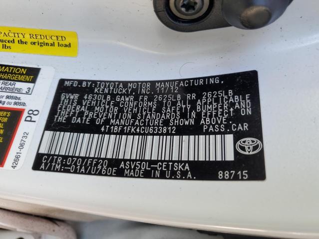 4T1BF1FK4CU633812 | 2012 Toyota camry base