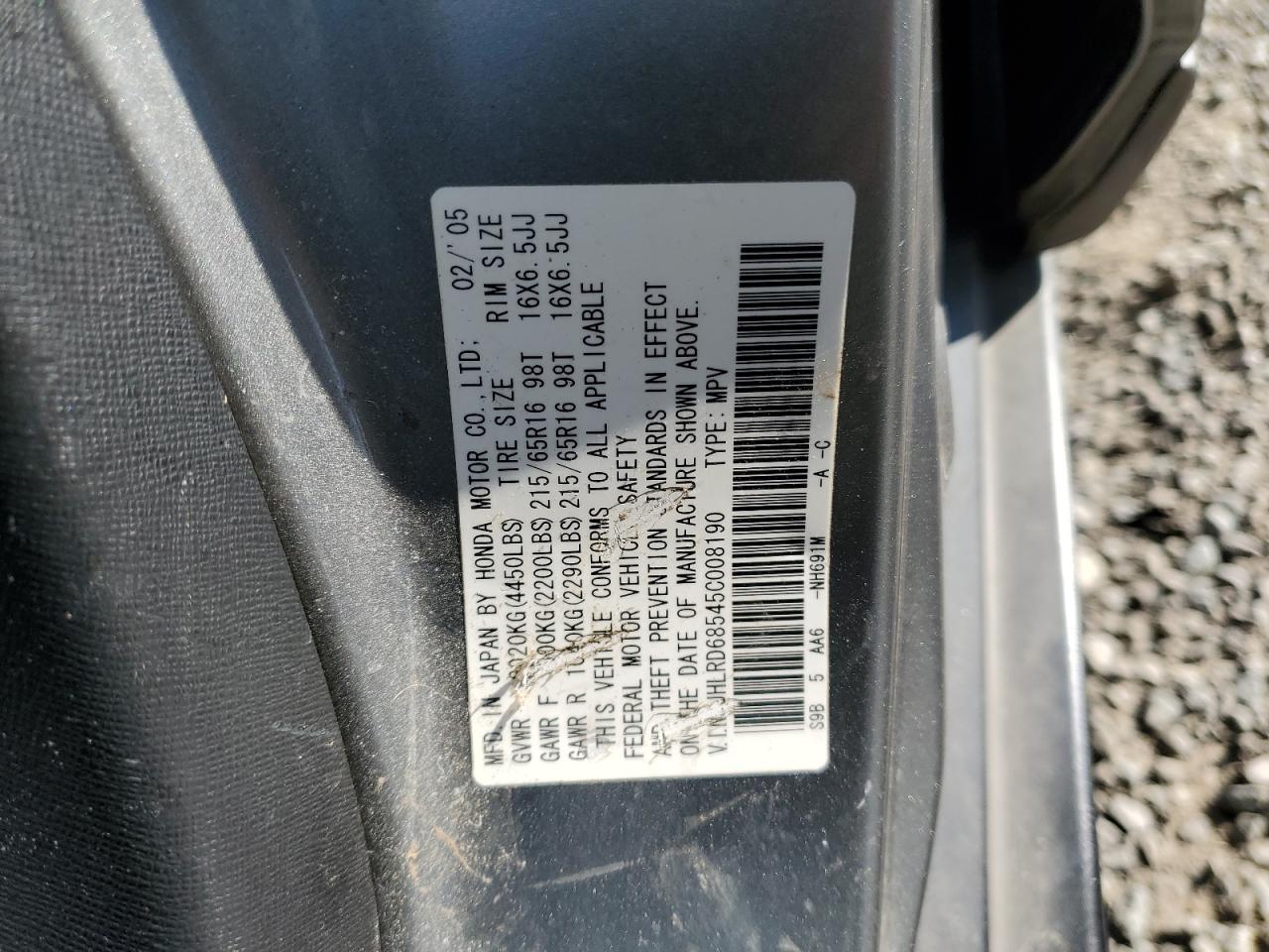 JHLRD68545C008190 2005 Honda Cr-V Lx