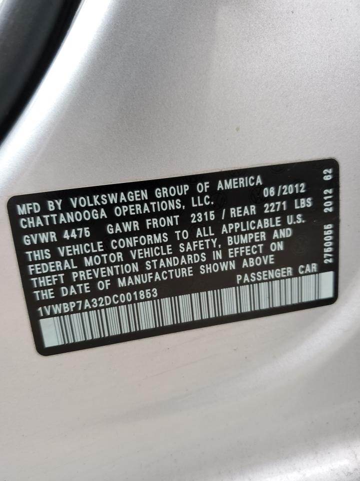 1VWBP7A32DC001853 2013 Volkswagen Passat Se