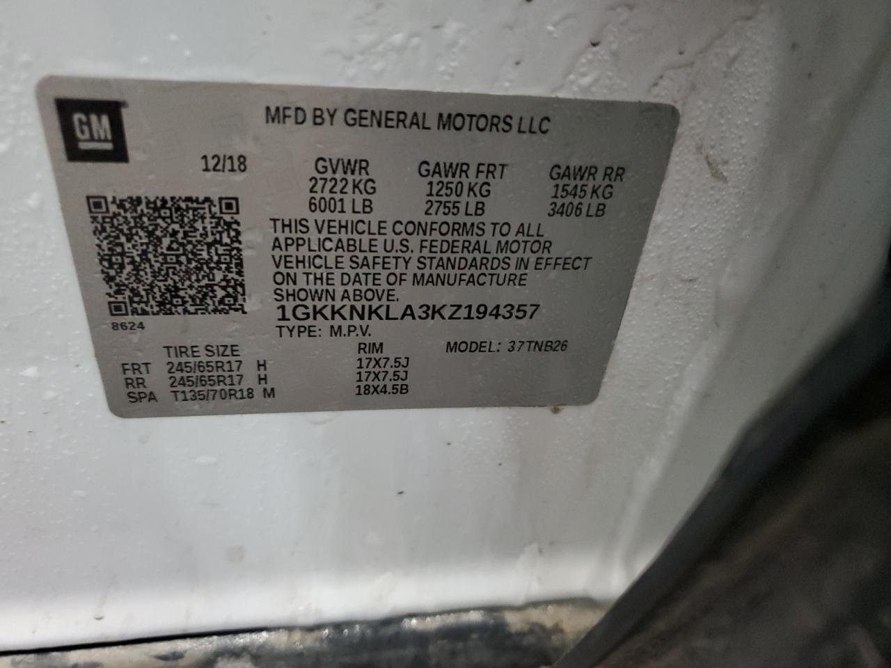 1GKKNKLA3KZ194357 2019 GMC Acadia Sle