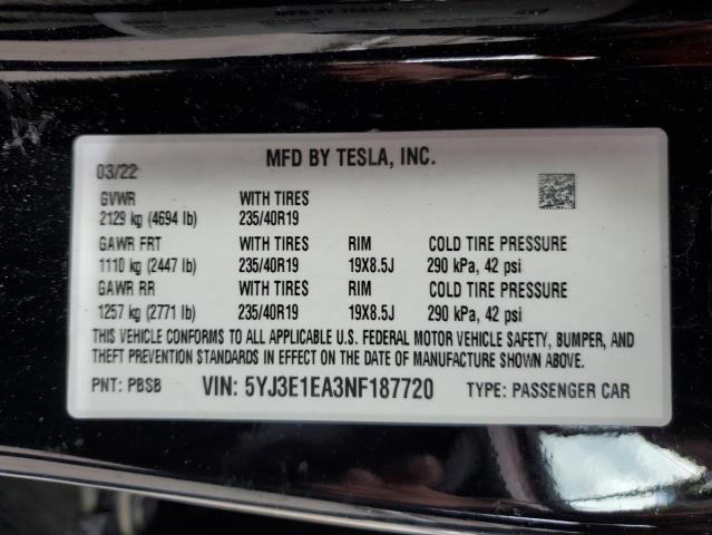 5YJ3E1EA3NF187720 | 2022 TESLA MODEL 3