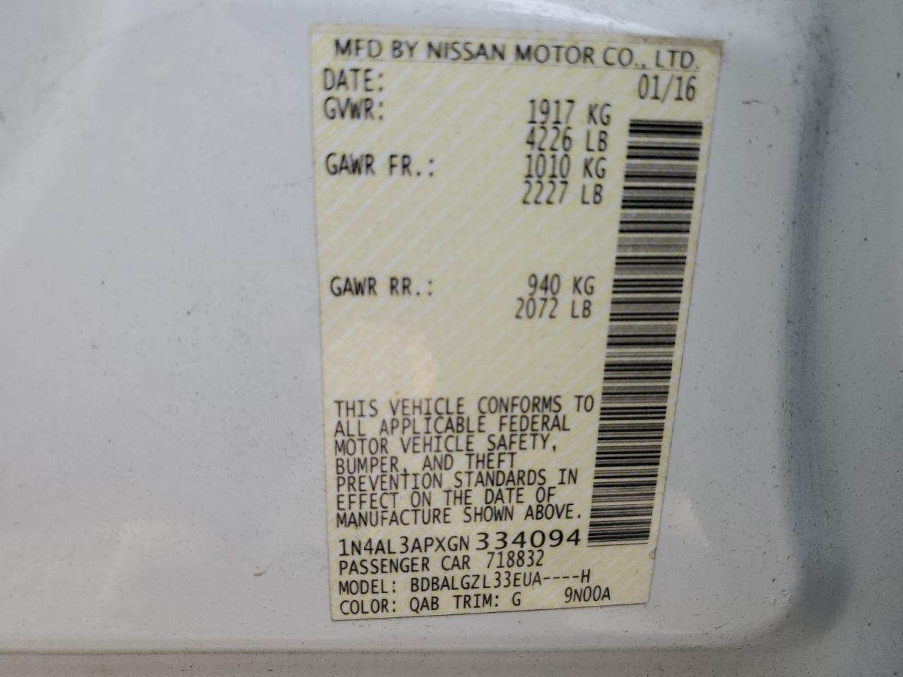 1N4AL3APXGN334094 2016 Nissan Altima 2.5