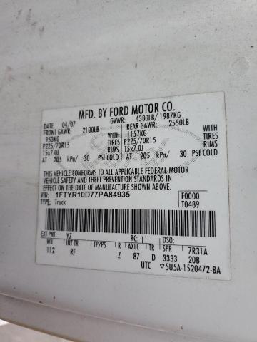 2007 Ford Ranger VIN: 1FTYR10D77PA84935 Lot: 37663894