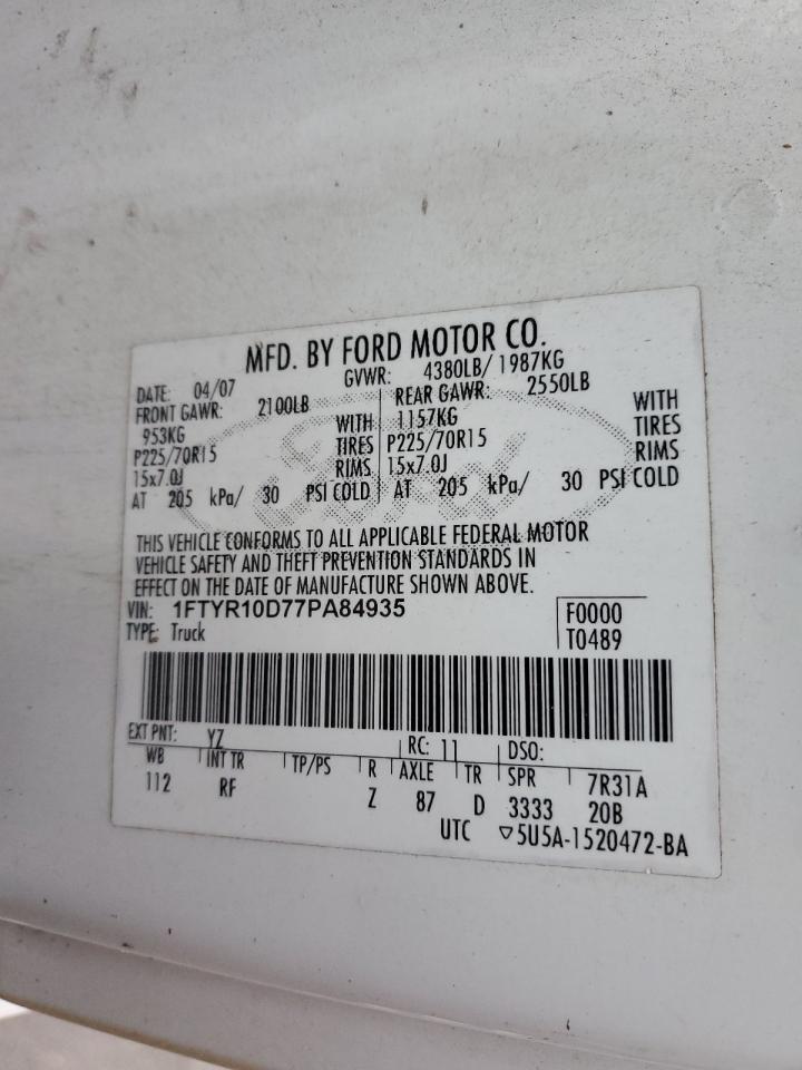 1FTYR10D77PA84935 2007 Ford Ranger