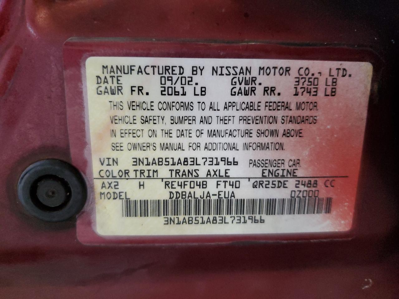 3N1AB51A83L731966 2003 Nissan Sentra Se-R Limited