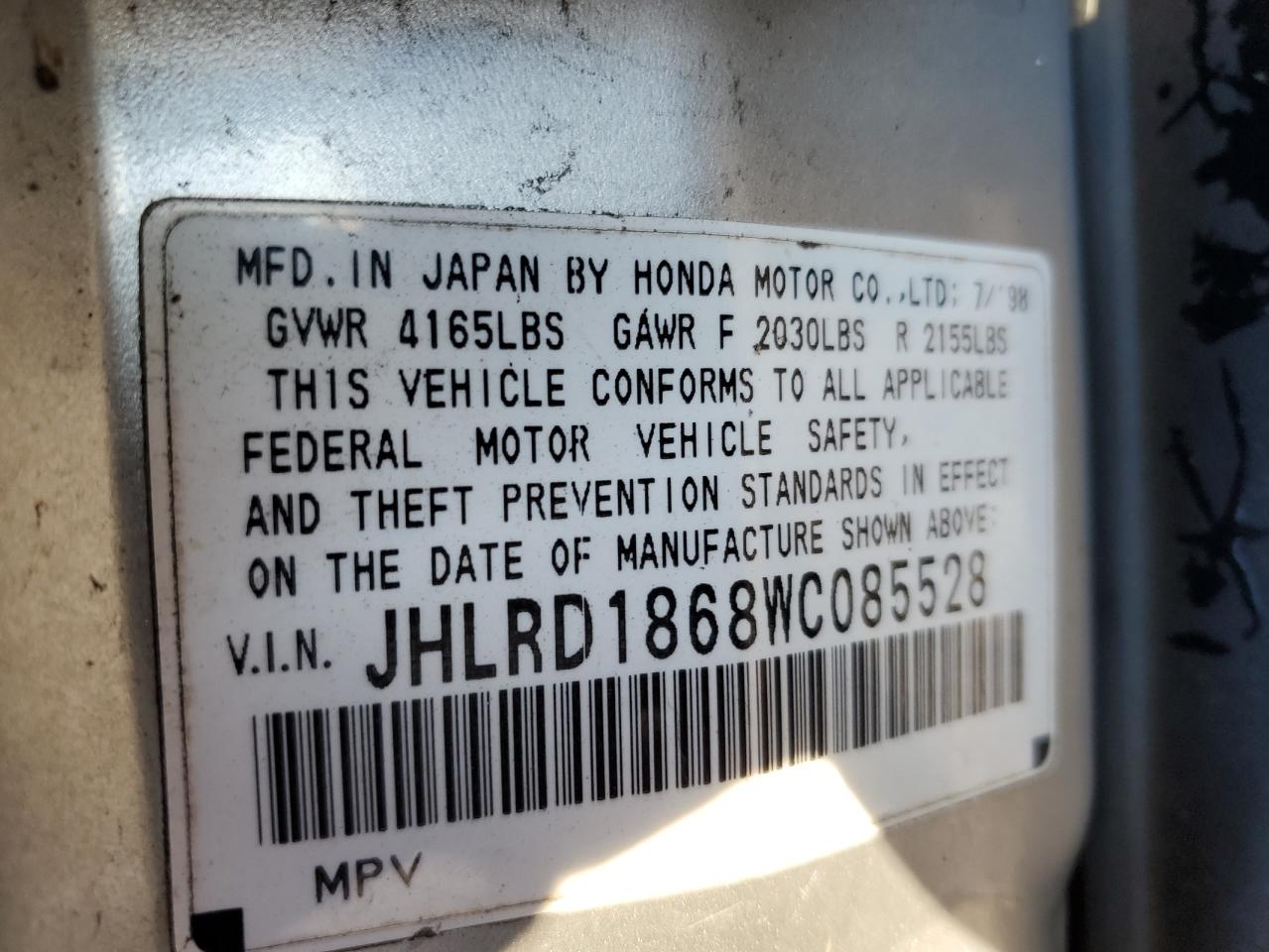 JHLRD1868WC085528 1998 Honda Cr-V Ex