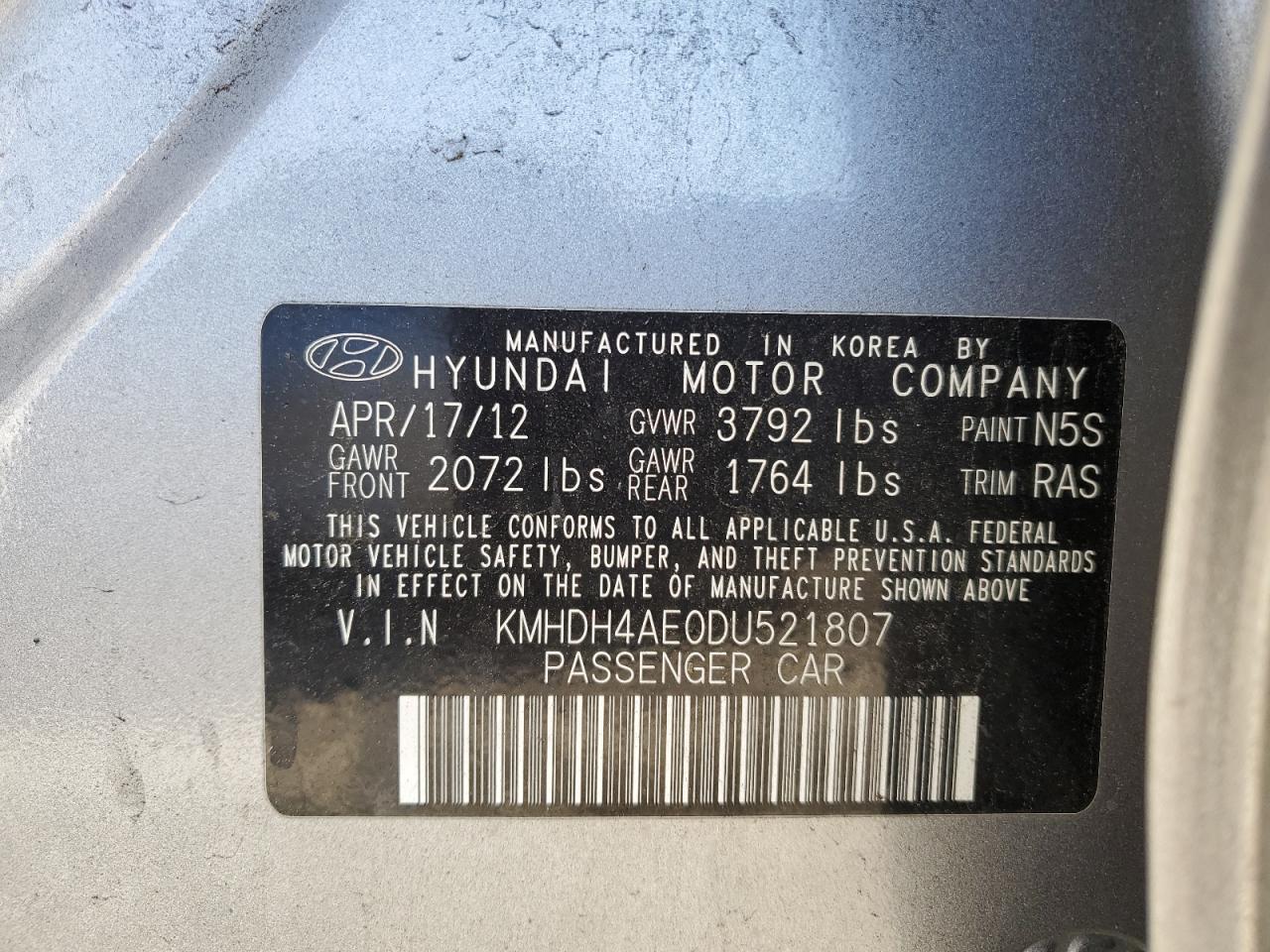 KMHDH4AE0DU521807 2013 Hyundai Elantra Gls