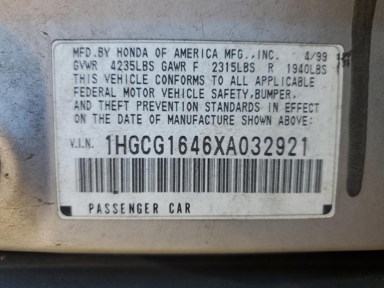 1HGCG1646XA032921 1999 Honda Accord Lx
