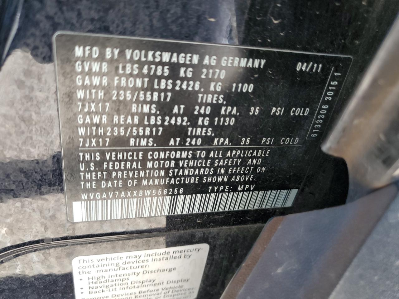 WVGAV7AXXBW556256 2011 Volkswagen Tiguan S