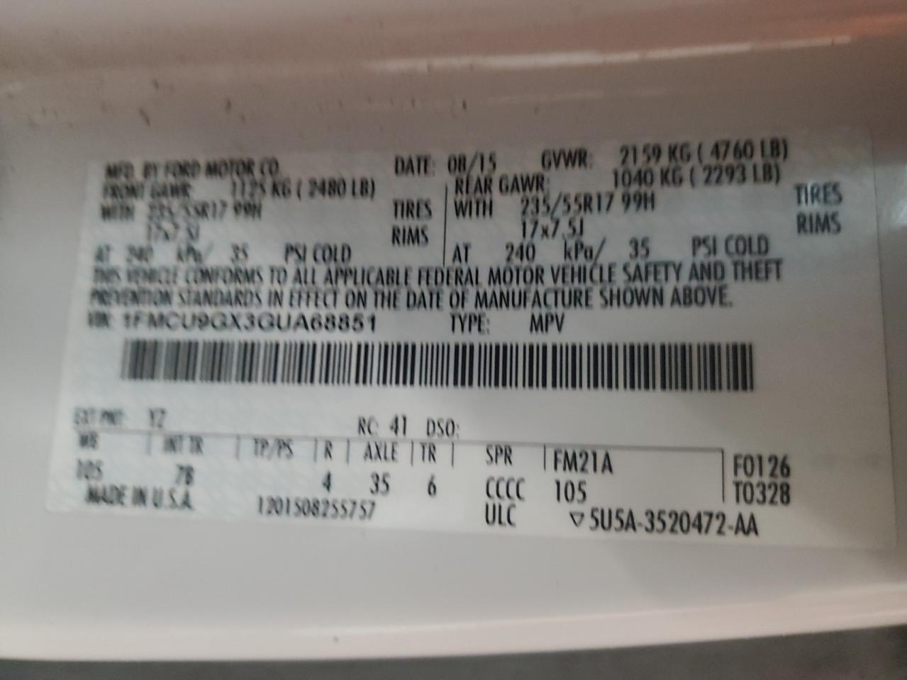 VIN: 1FMCU9GX3GUA68851 2016 FORD ESCAPE