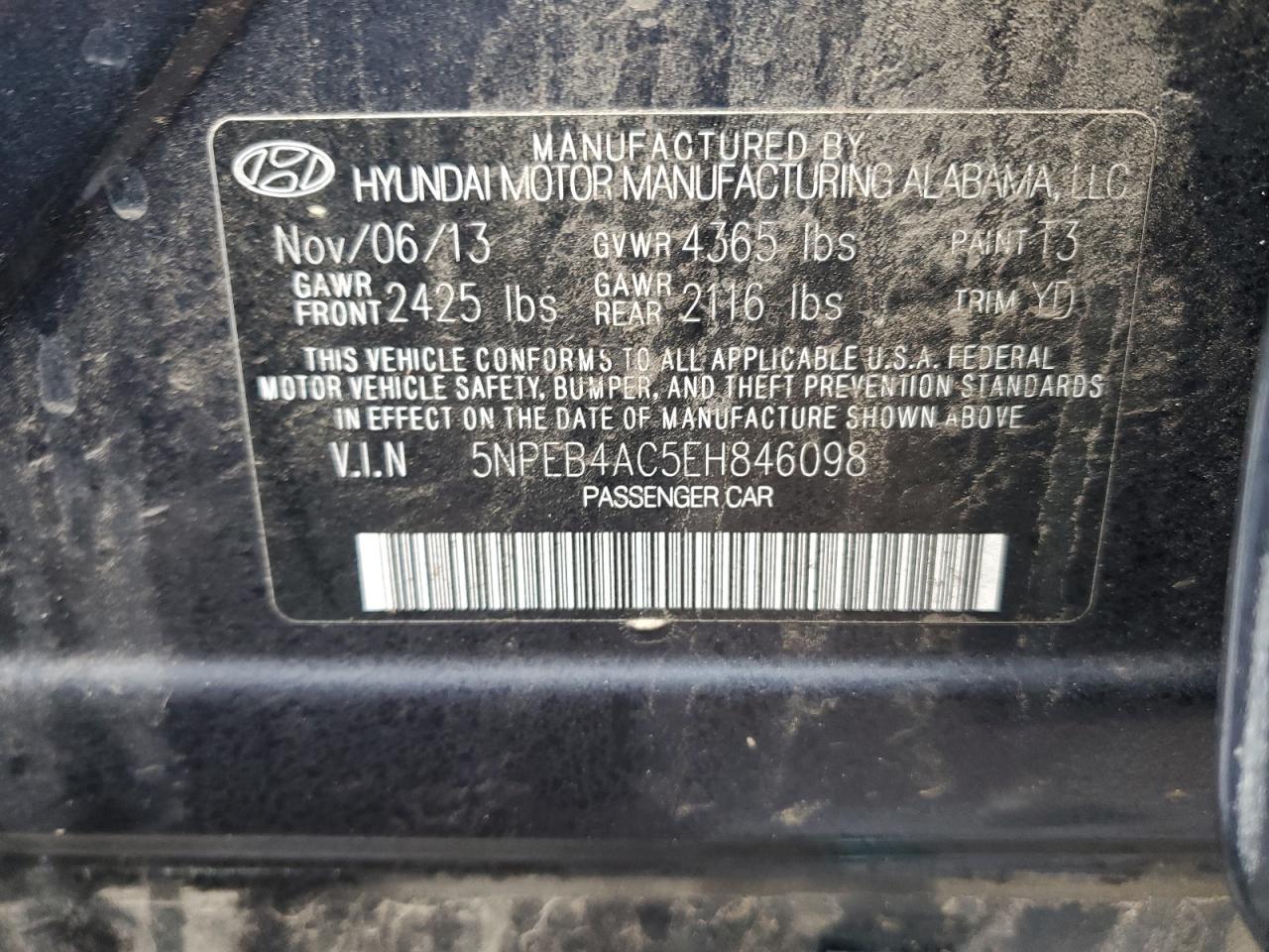 5NPEB4AC5EH846098 2014 Hyundai Sonata Gls