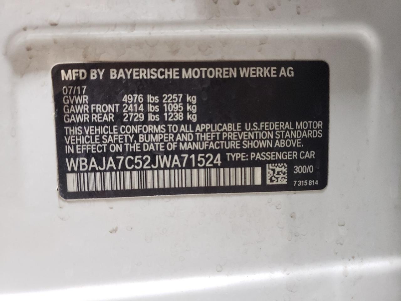 WBAJA7C52JWA71524 2018 BMW 530 Xi