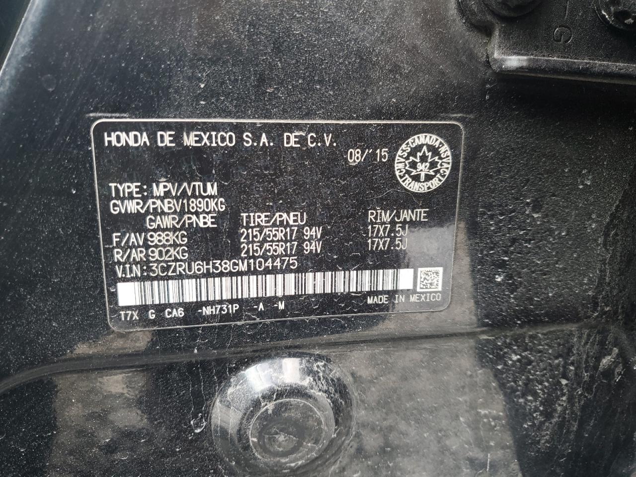 3CZRU6H38GM104475 2016 Honda Hr-V Lx