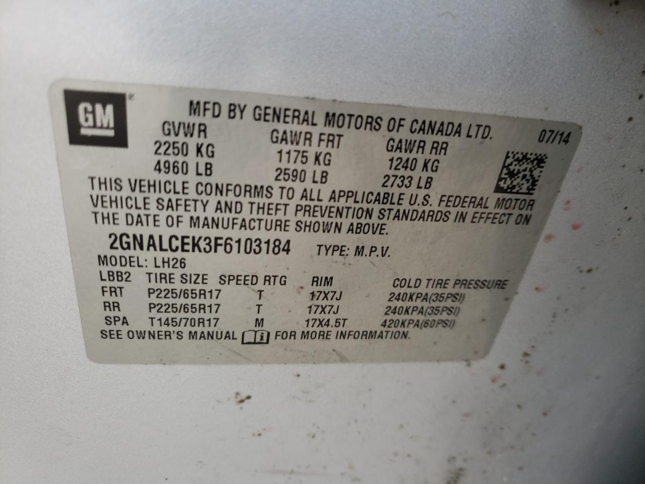 2GNALCEK3F6103184 2015 Chevrolet Equinox Lt