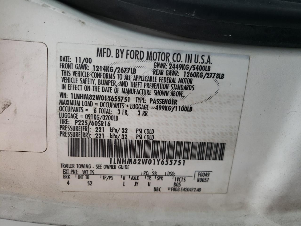 1lnhm82w01y655751 1LNHM82W01Y655751 2001 Lincoln Town Car Signature