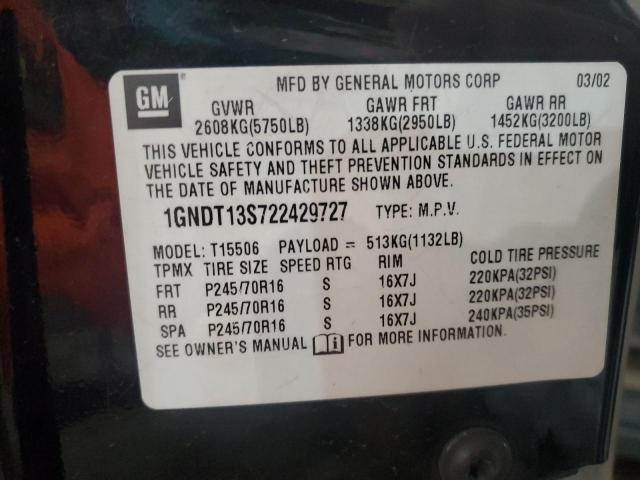 2002 Chevrolet Trailblazer VIN: 1GNDT13S722429727 Lot: 37281644