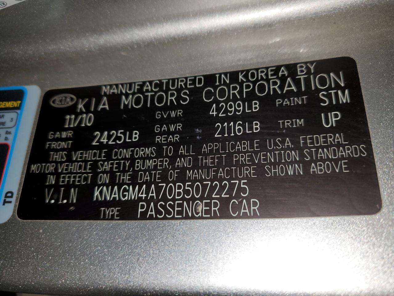 KNAGM4A70B5072275 2011 Kia Optima Lx