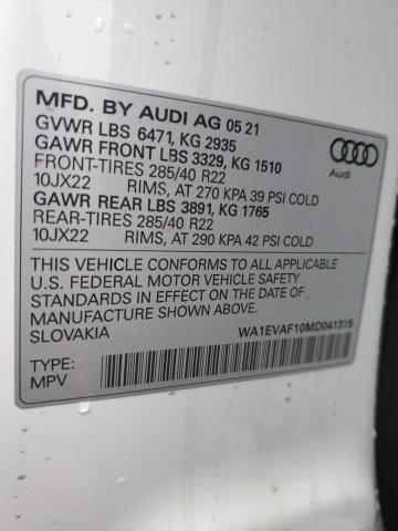 2021 AUDI Q8 PREMIUM - WA1EVAF10MD041315