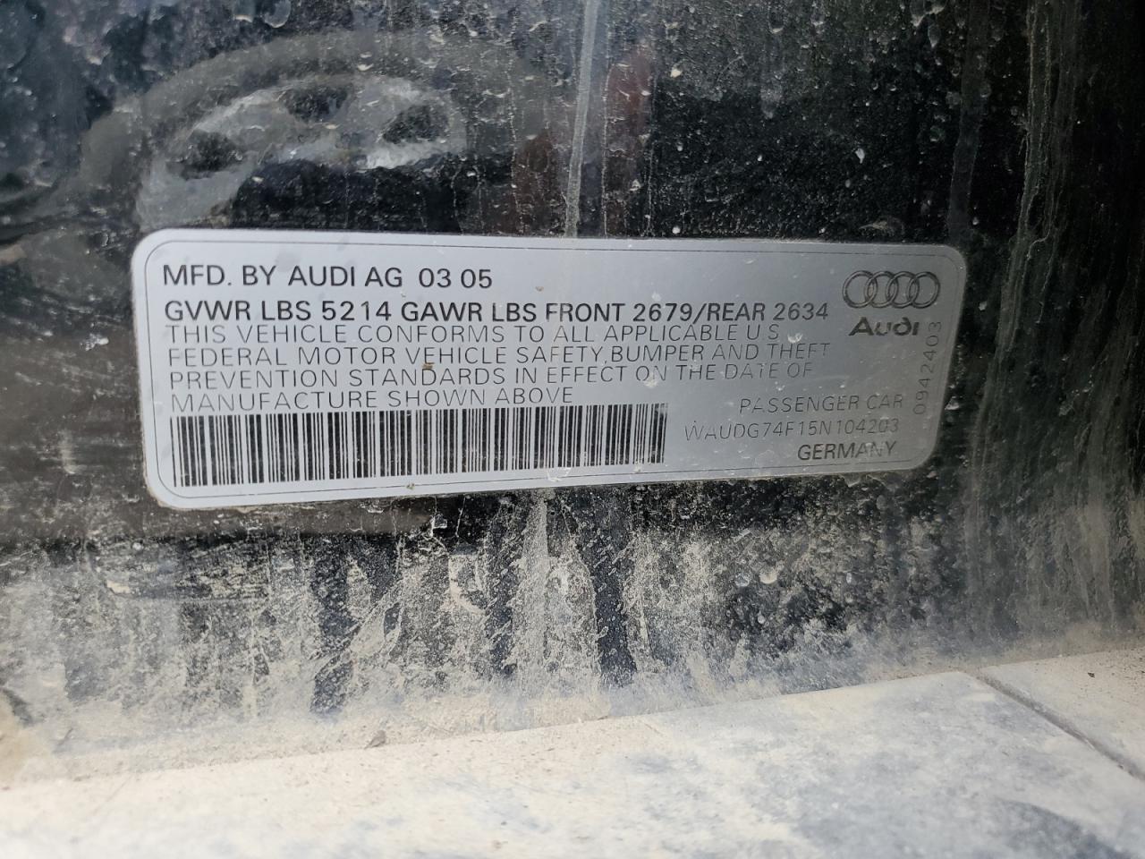 WAUDG74F15N104203 2005 Audi A6 3.2 Quattro