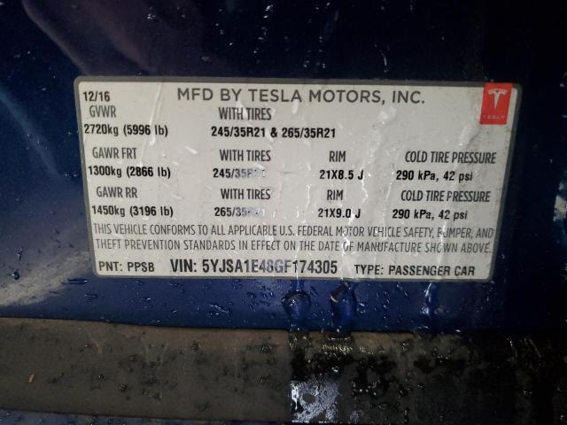 5YJSA1E48GF174305 | 2016 TESLA MODEL S