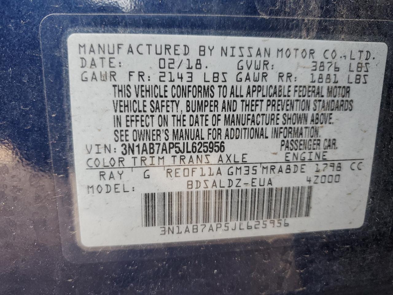 3N1AB7AP5JL625956 2018 Nissan Sentra S