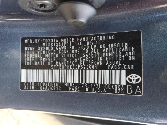 5YFBURHE5GP520681 | 2016 TOYOTA COROLLA L