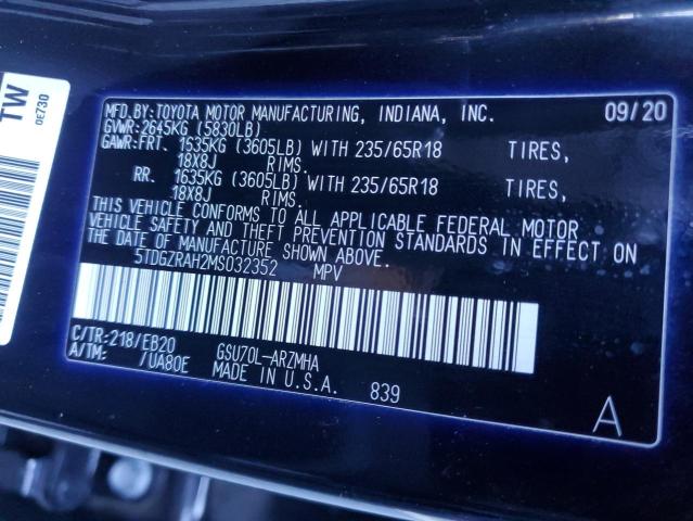 VIN 5TDGZRAH2MS032352 2021 Toyota Highlander, Xle no.12